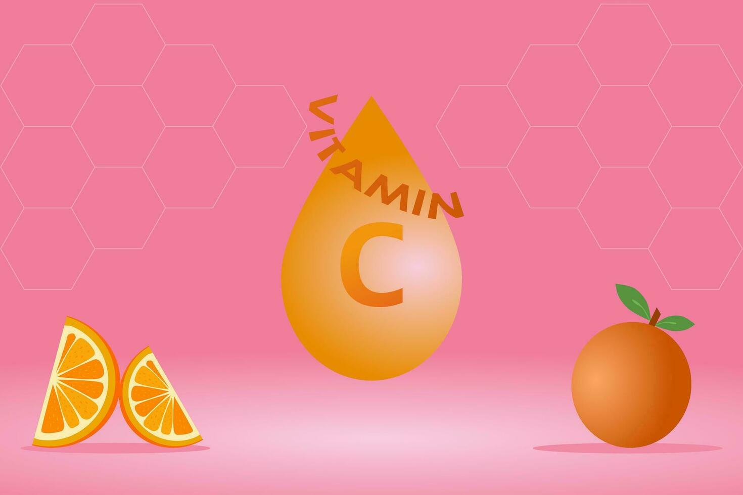 Drop water vitamin C orange with an orange fruit and orange slice on pink background with honeycomb pattern. Vector illustration.