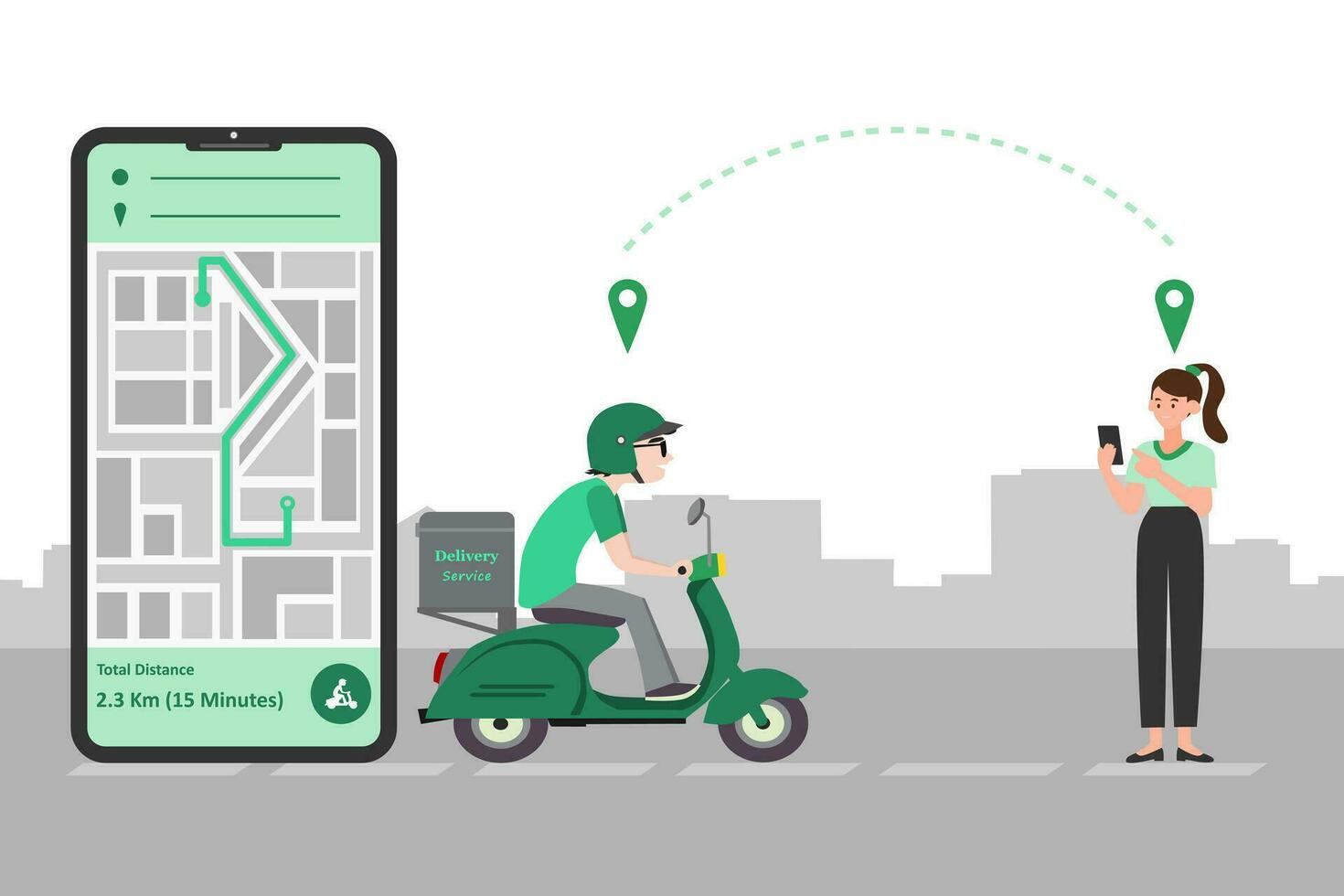 Fast delivery service by scooter on mobile. Online food order. E-commerce concept. vector