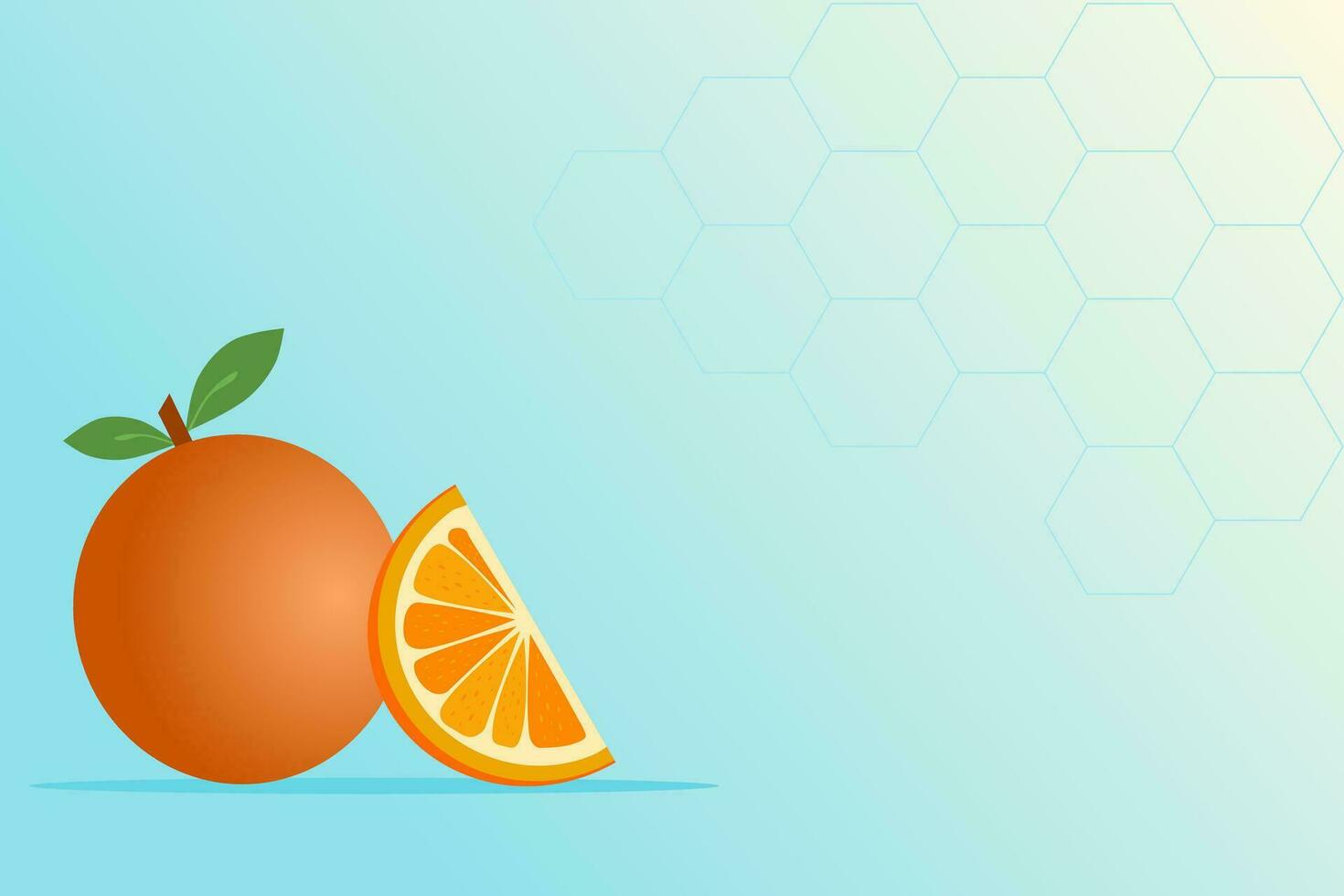 An orange fruit and orange slice on blue background with honeycomb pattern. Vector illustration.