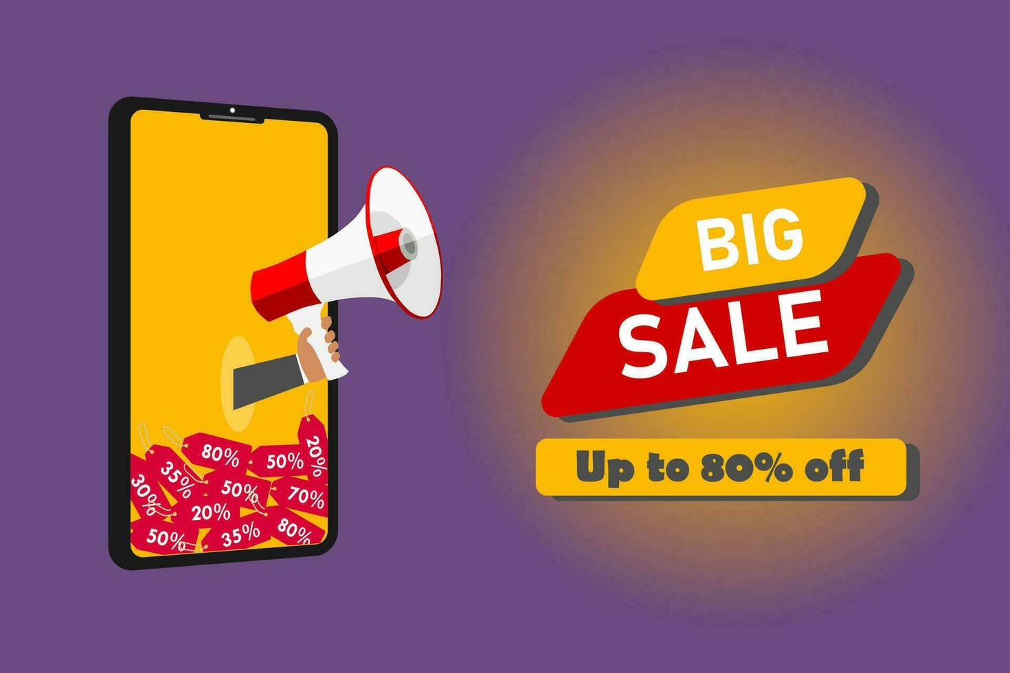 Big sale discount background with a smart phone and megaphone. Discount promotion layout banner template design. Vector illustration.