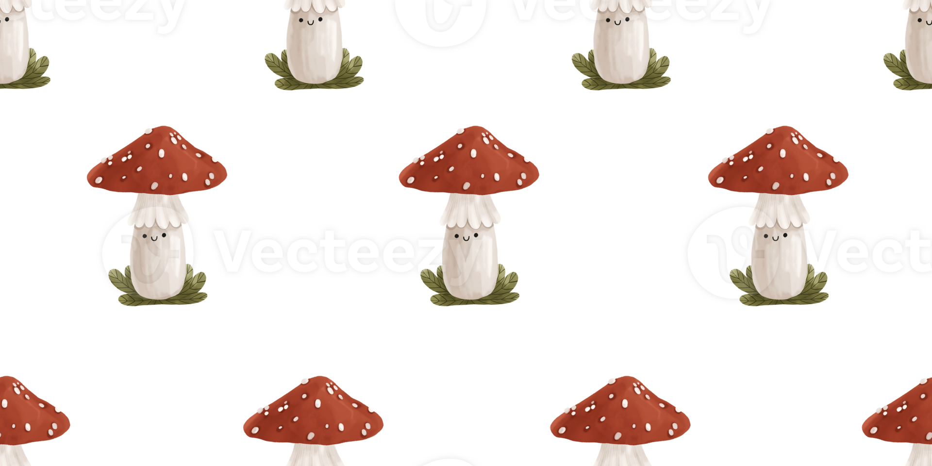 Seamless pattern with cute amanita mushrooms. Red  fly agaric mushroom. Forest botanical endless background. Design for fabric, print, wrapper, textile png