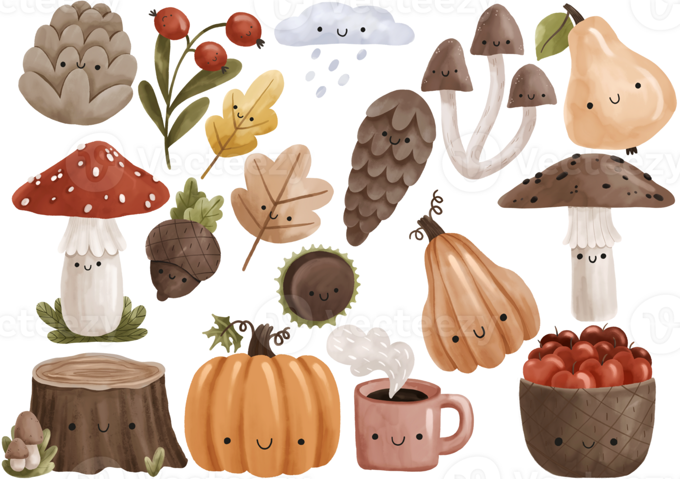 Autumn clipart with mushrooms. Wood leaves, nature elements, herbs, leaf, mushrooms, pumpkins. Hand painted on  isolated background. Botanical illustration png