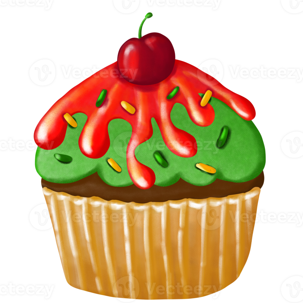 Chocolate cupcake with green tea whipped cream and colorful sugar sprinkled and cherry on top of it png