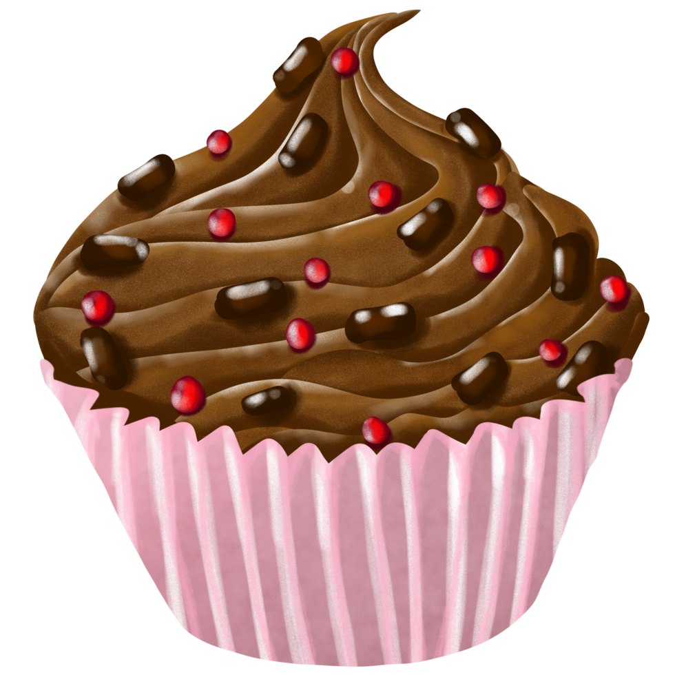 chocolate cupcake with chocolate chips and red sprinkles on top png
