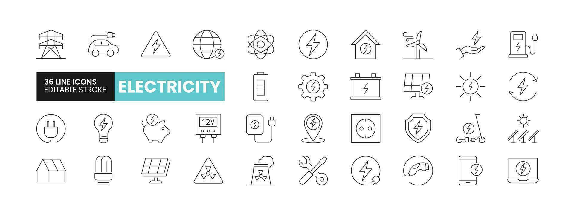 Set of 36 Electricity line icons set. Electricity outline icons with editable stroke collection. Includes Battery, Solar Panel, Bulb, Hazard, Energy Saving, and More. vector