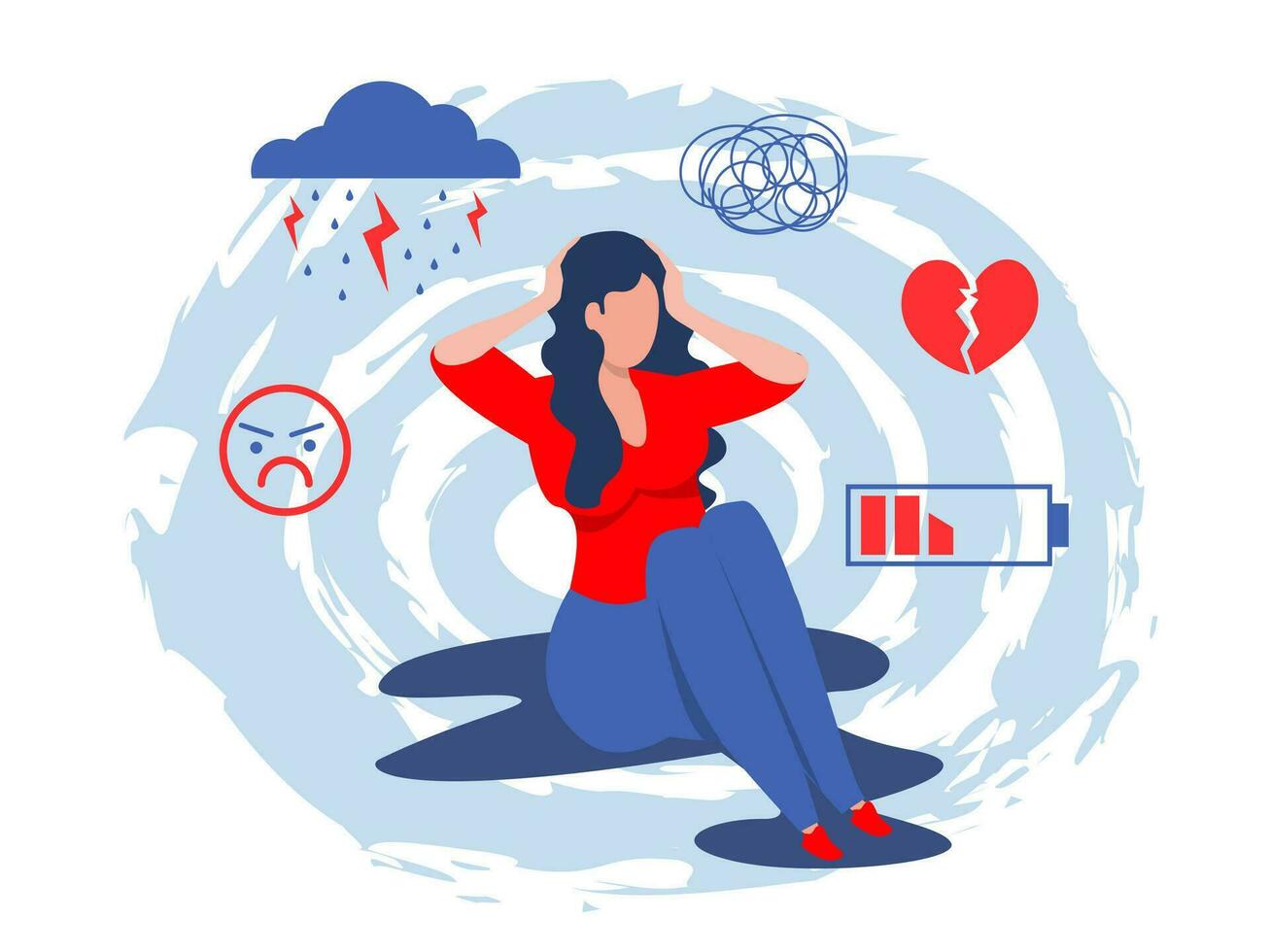 Depressed woman  mental problems concept.  girl suffering from mental health disorder with low battery, emotional burnout, frustration , depression and loneliness. Cartoon flat vector illustration
