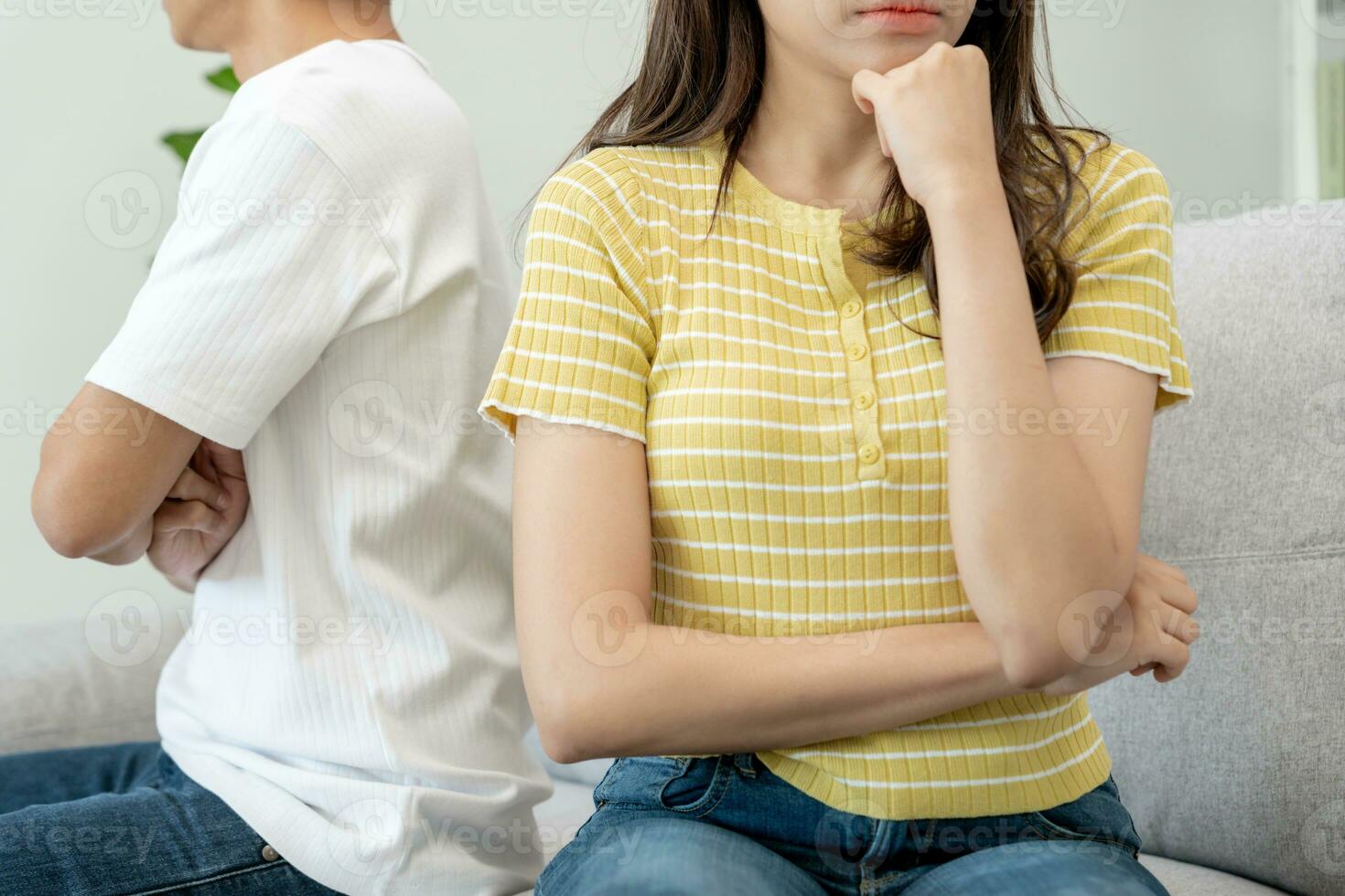 Divorce. Asian couples are desperate and disappointed after marriage. Husband and wife are sad, upset and frustrated after quarrels. distrust, love problems, betrayals. family problem, teenage love photo