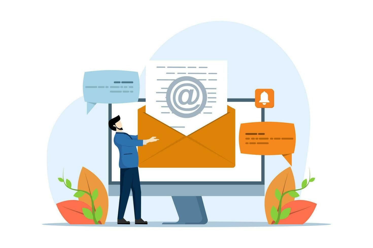 Business email concept. a businessman sent an email. social media promotion. send advertising emails. customer. letter in an envelope. the man received the letter. flat vector illustration.