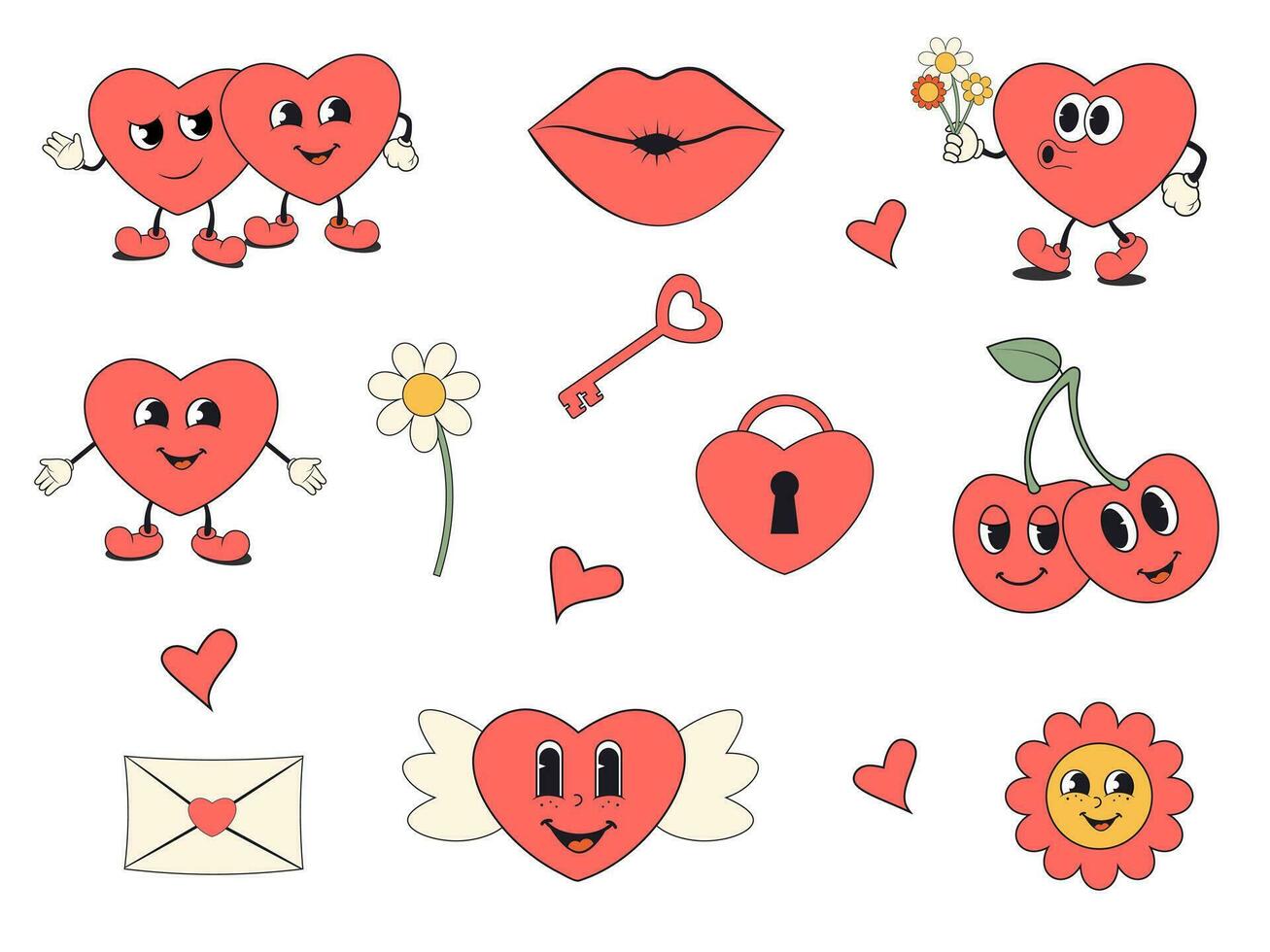 Set of funny cartoon groovy hearts and other Valentine's Day elements. vector