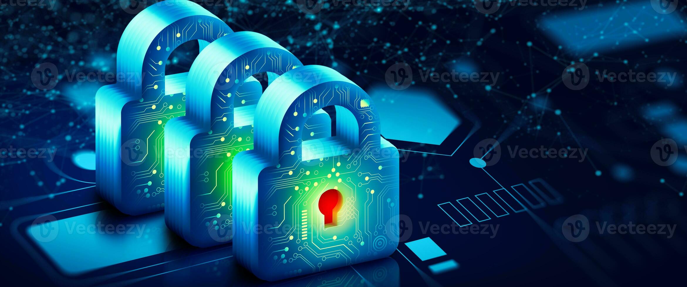 Padlock with Keyhole in data security on circuit. Modern safety digital Concept photo