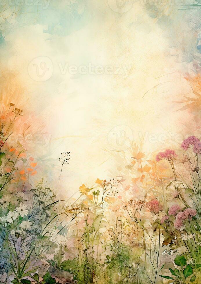 Delicate watercolor background with blurred wildflowers. photo