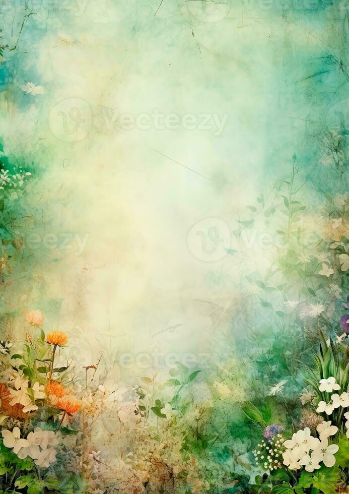 Delicate watercolor background with blurred wildflowers. photo