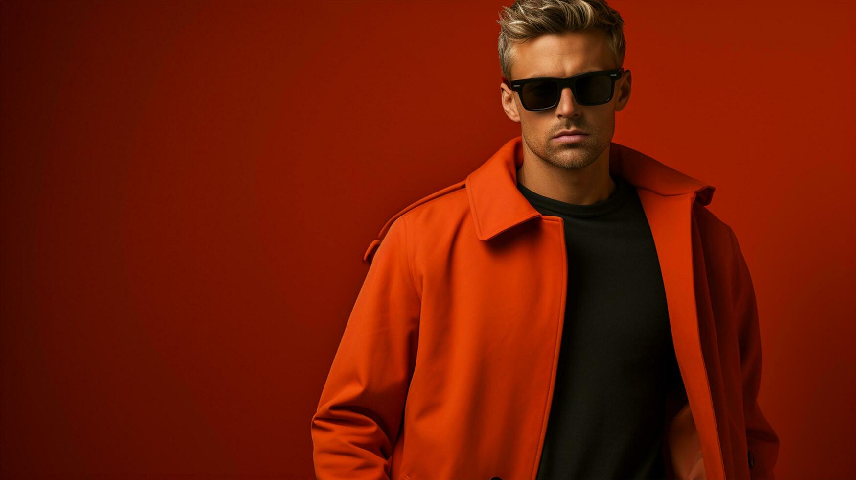 AI Generated portrait of a stylish male model in sunglasses in a red jacket on a bright background. poster, advertisement. copy space photo