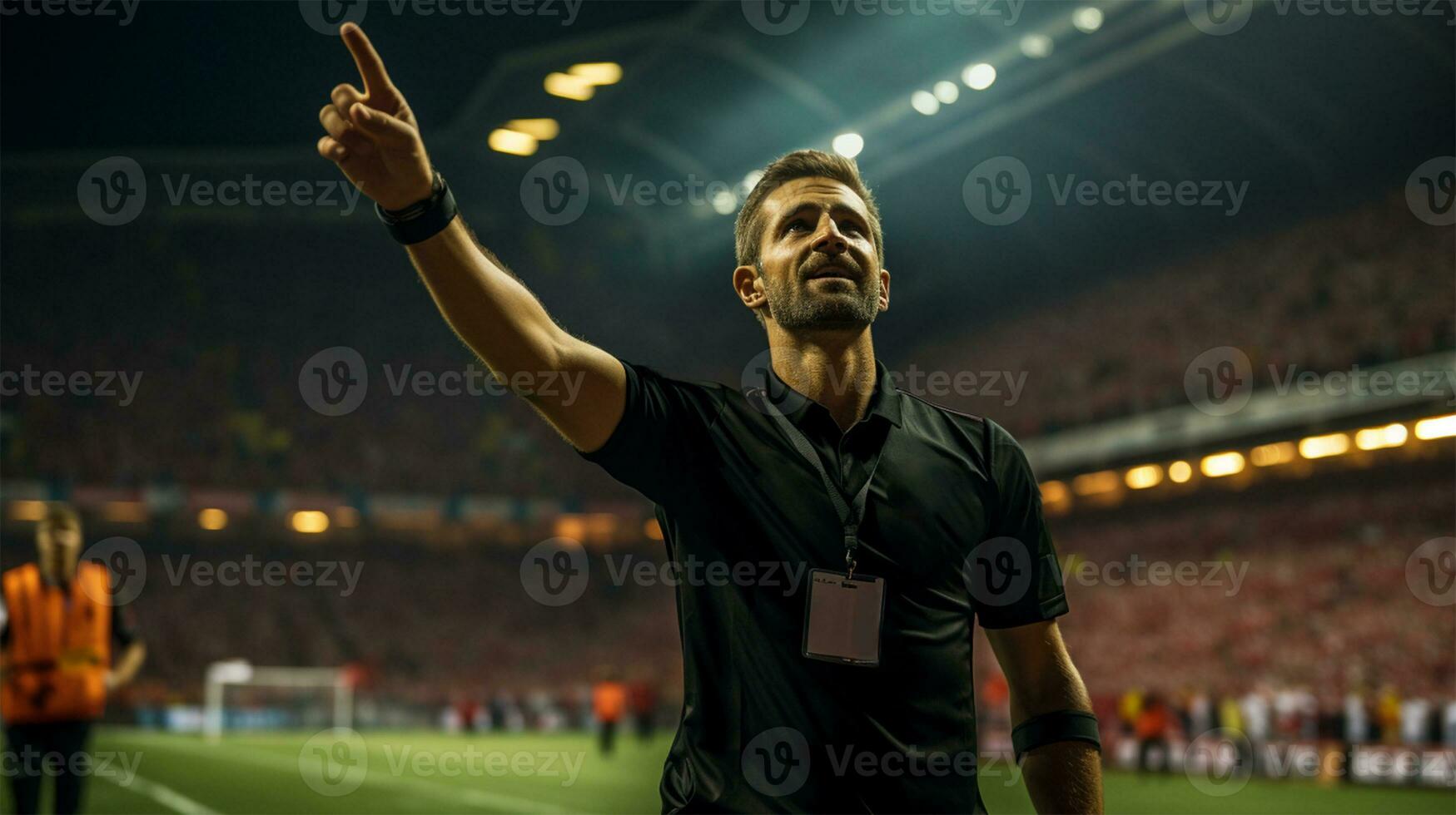 Professional soccer referee on the grand arena.Generative AI photo