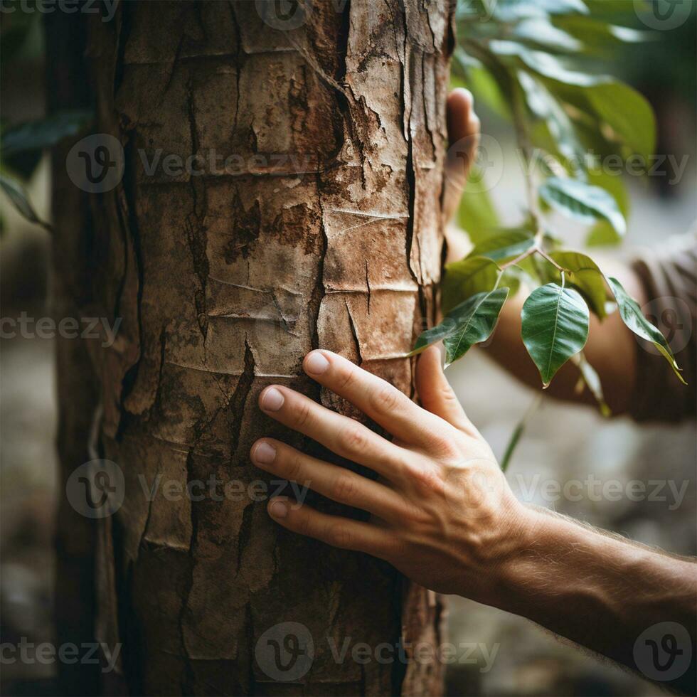 Closeup of a man's hand touching a large tree. The concept of protecting nature and combating deforestation.Generative AI photo