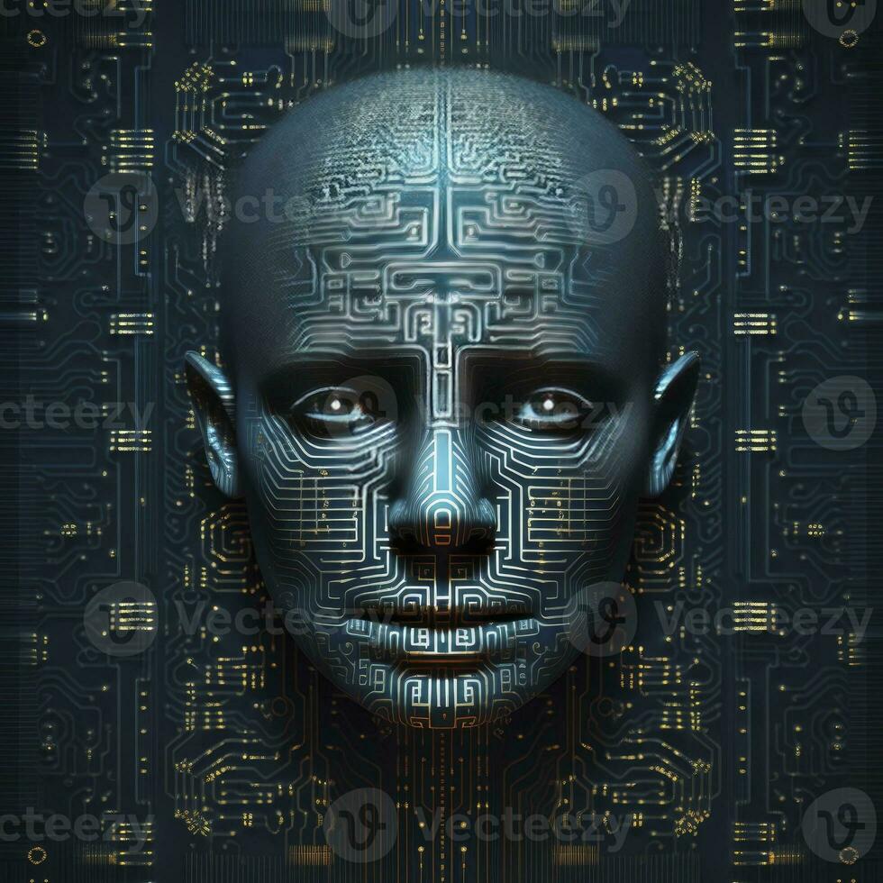 the head of a man on an electronic circuit.AI Generated photo
