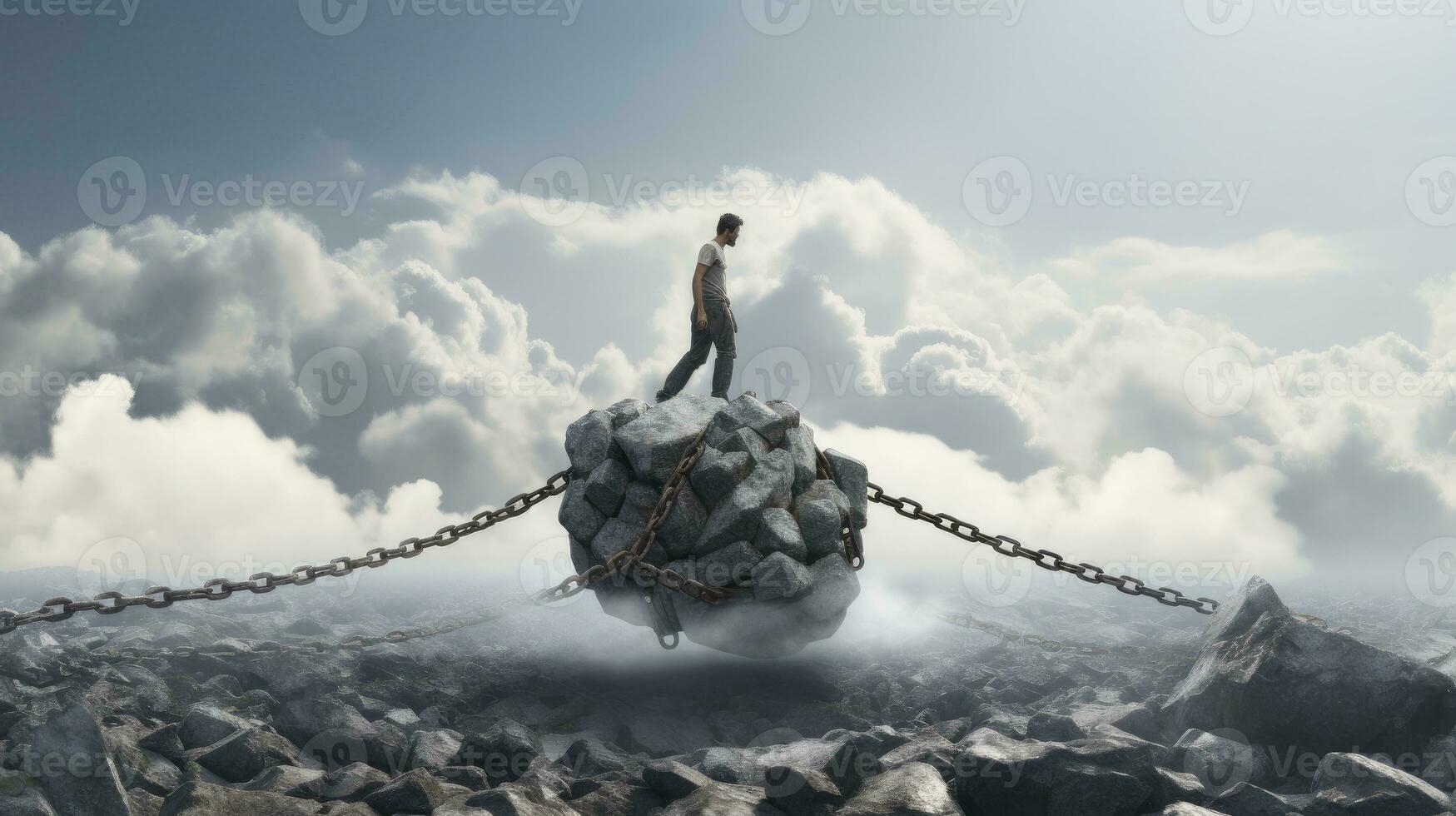 A man striding in the clouds on a cable chain. AI Generated photo