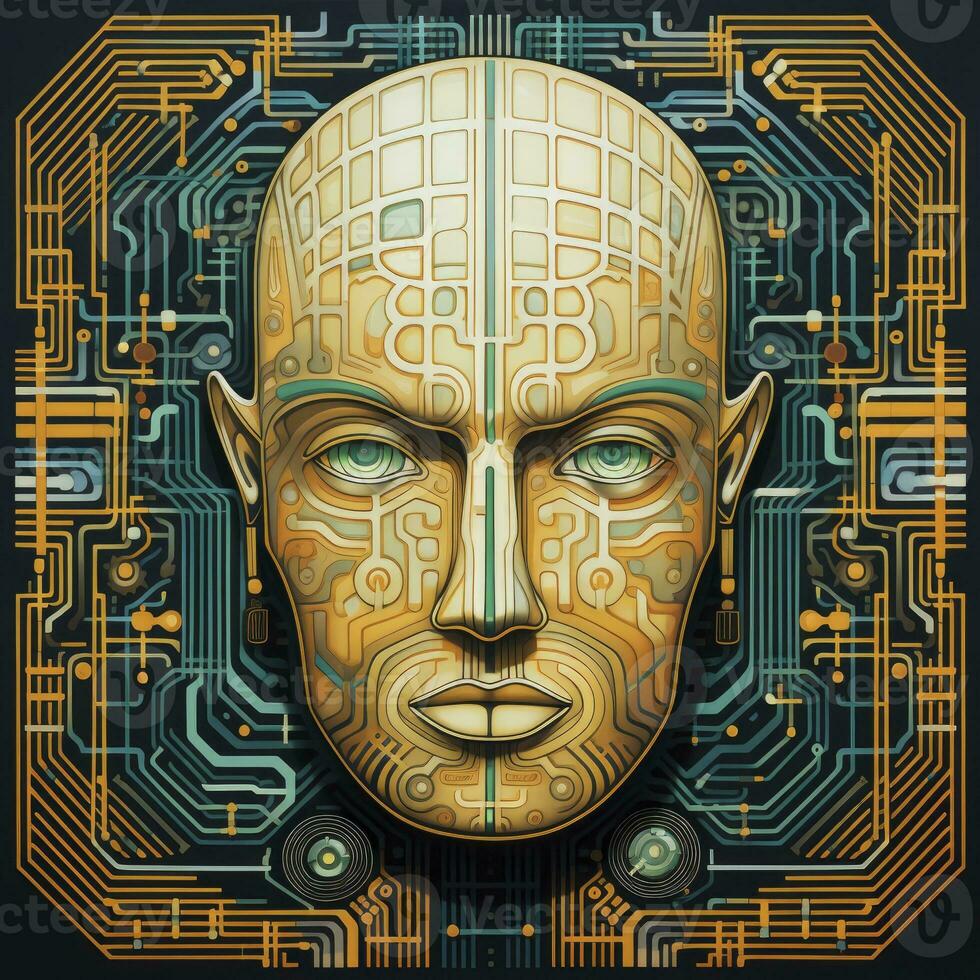 the head of a man on an electronic circuit.AI Generated photo