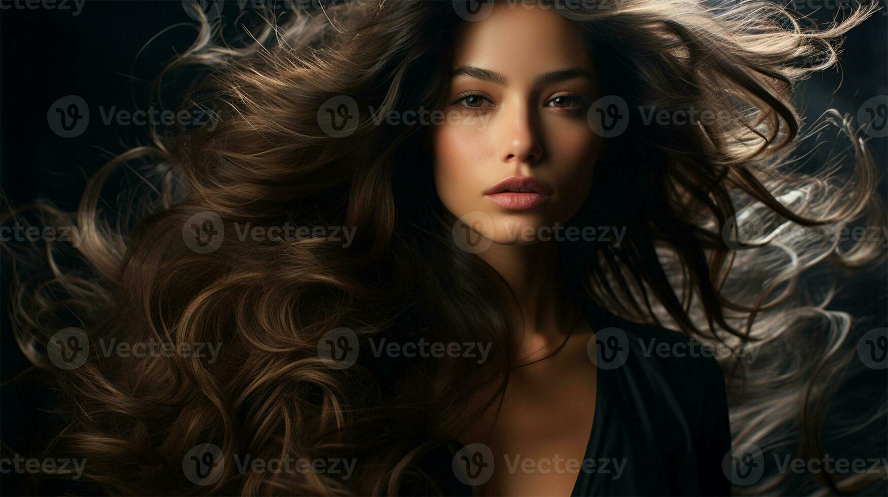 Close-up portrait of a brunette woman with flying hair looking at the camera.content or banner for a beauty salon.Generative AI photo