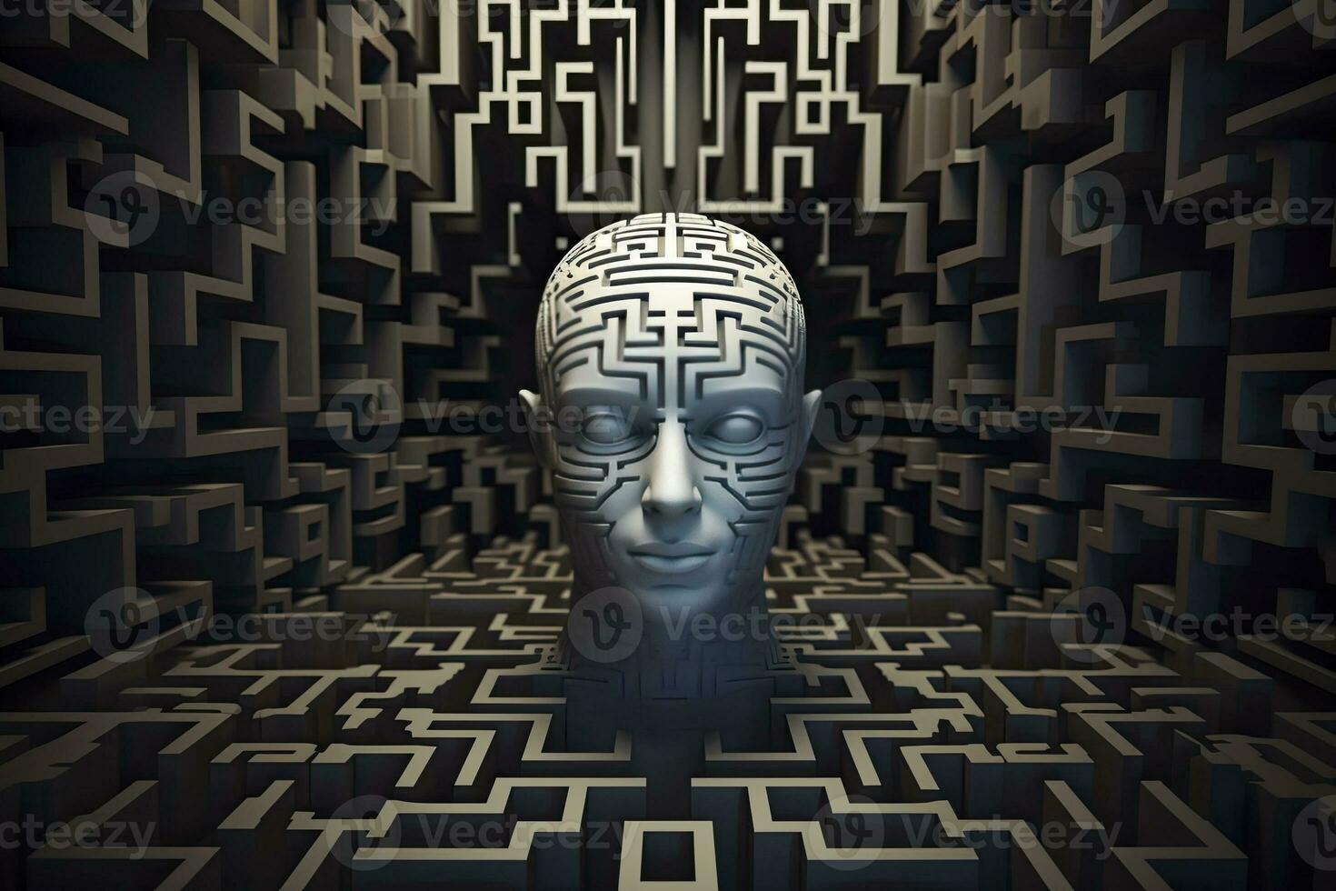 Computer human-canvas integration art 3D maze head design gothic futurism. AI Generated photo