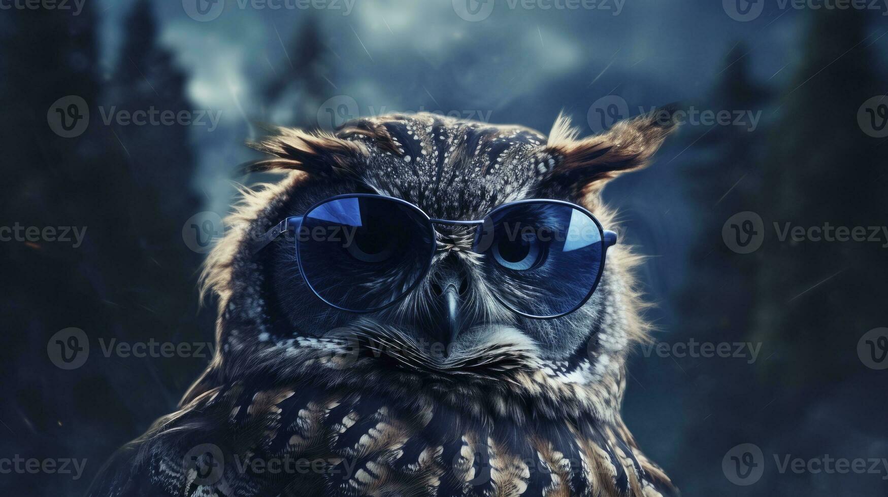 Owl wearing sunglasses on a mystical moonlit forest background. AI Generated photo