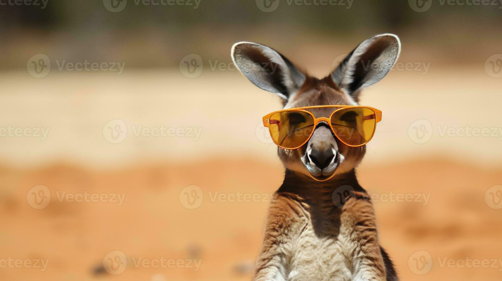 Kangaroo wearing sunglasses on an Australian outback red sand background.  AI Generated photo