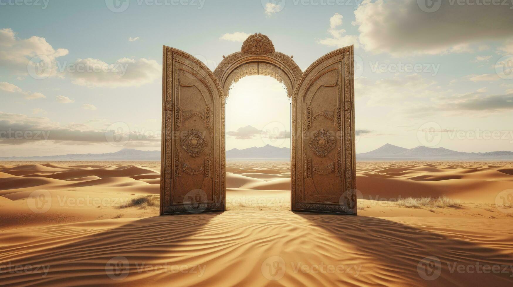 A vast desert landscape with golden sands and distant dunes. In the foreground, an intricately carved wooden door stands alone, slightly ajar, hinting at mysteries beyond. AI Generated photo