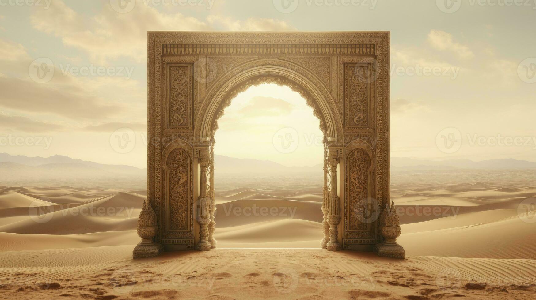 A vast desert landscape with golden sands and distant dunes. In the foreground, an intricately carved wooden door stands alone, slightly ajar, hinting at mysteries beyond. AI Generated photo