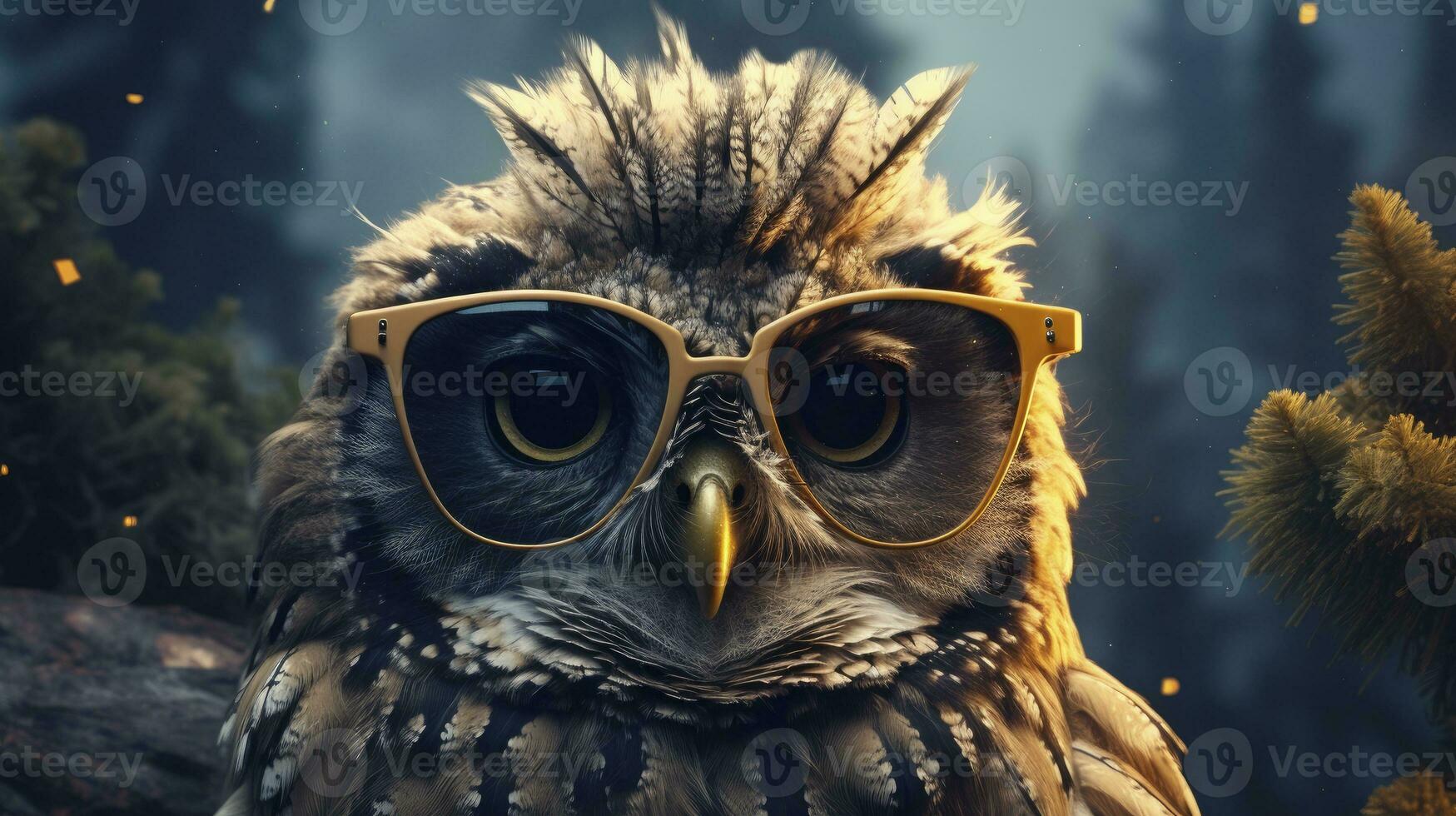 Owl wearing sunglasses on a mystical moonlit forest background. AI Generated photo