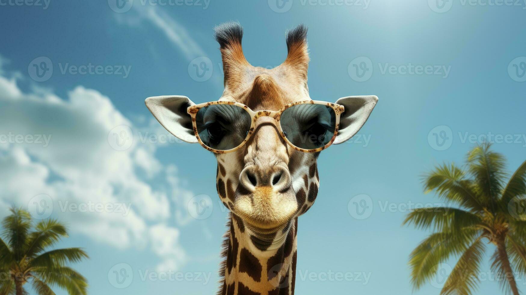 Giraffe wearing sunglasses on an African plain with acacia trees background. AI Generated photo