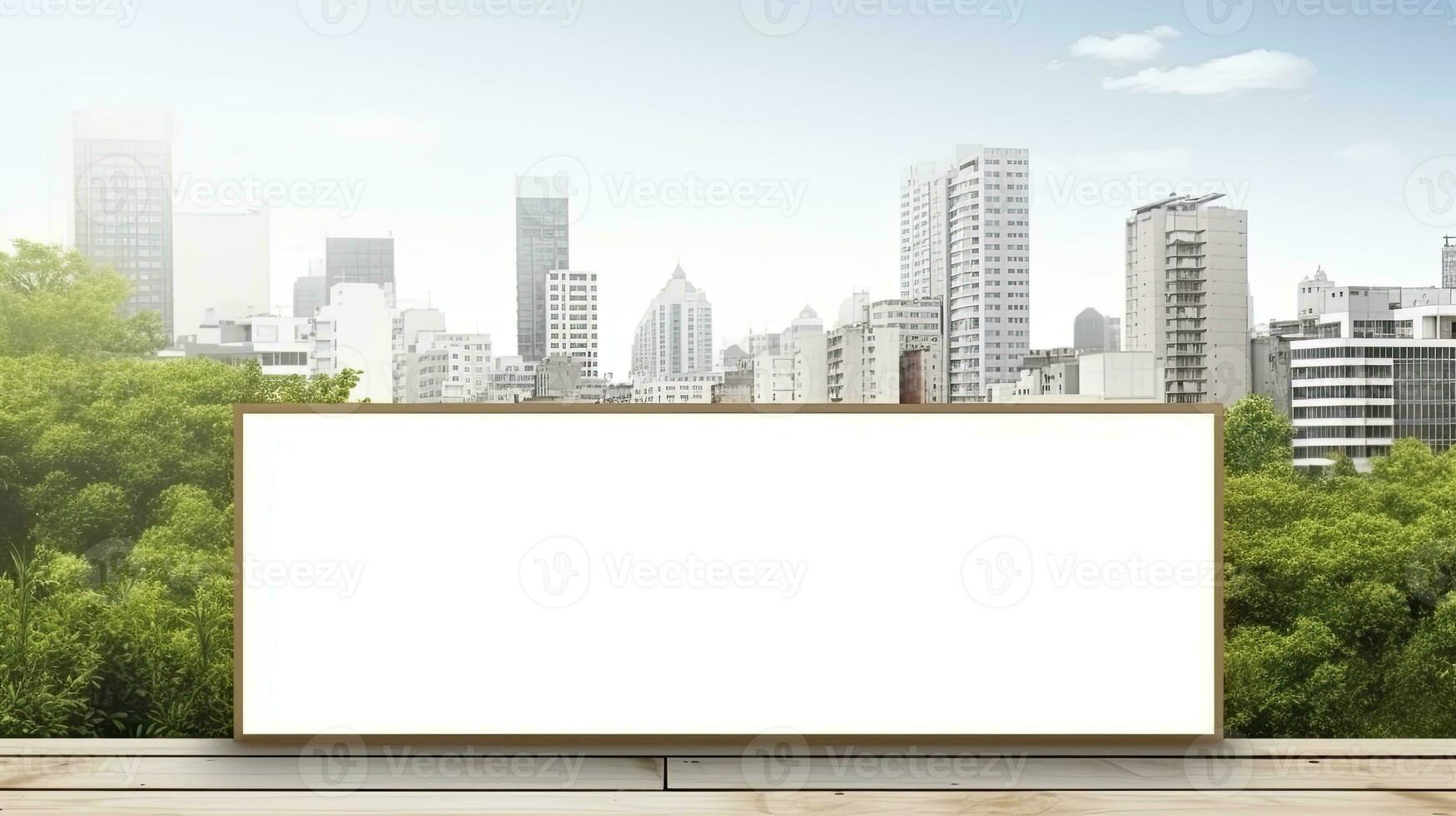 Panoramic Cityscape with Buildings and Blank Wooden Signboard. AI Generated photo