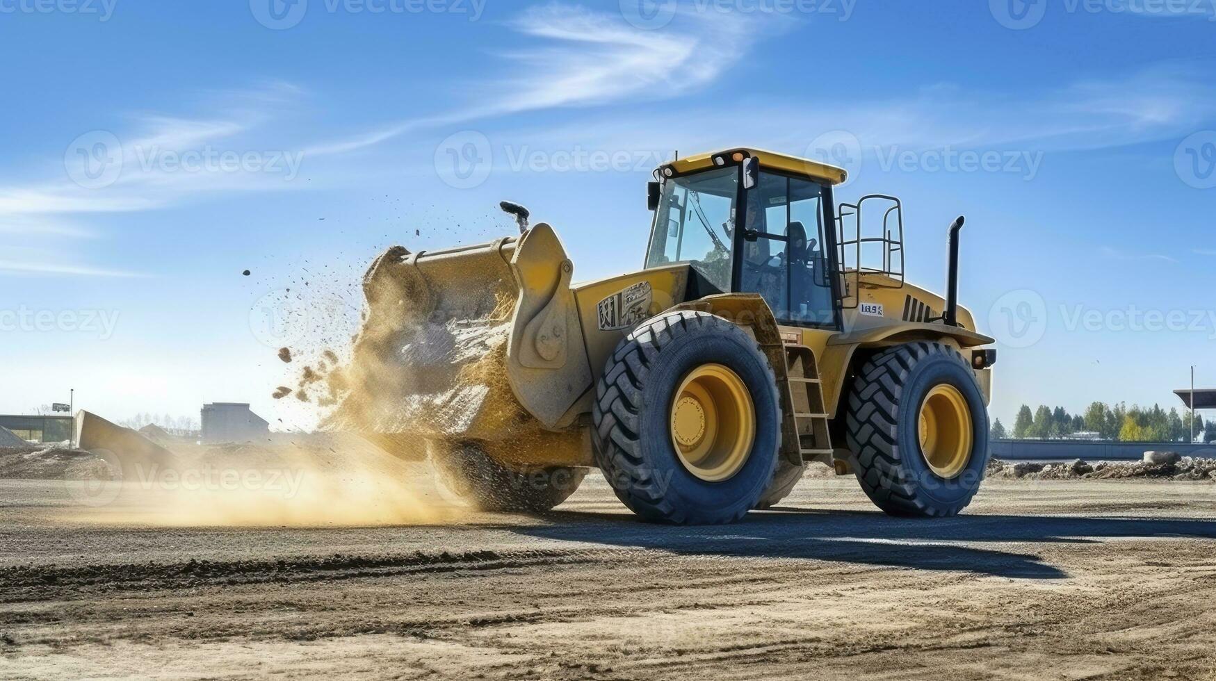 Powerful Wheel Bulldozer at Work on Construction Site Against a Clear Blue Sky. AI Generated photo