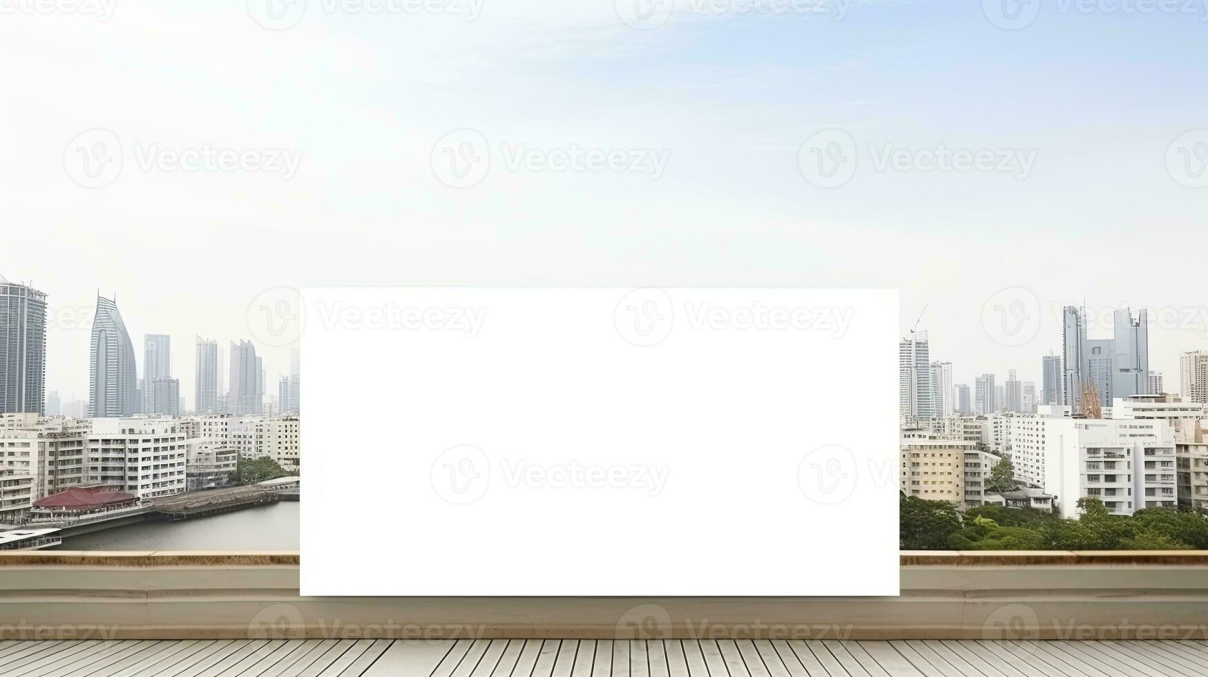 Panoramic Cityscape with Buildings and Blank Wooden Signboard. AI Generated photo