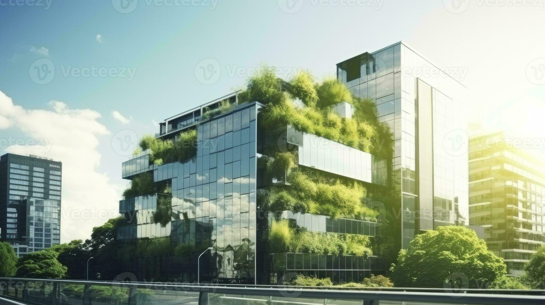 Respetuoso del medio ambiente oficina edificio con moderno vaso diseño en el urbano paisaje urbano ai generado foto