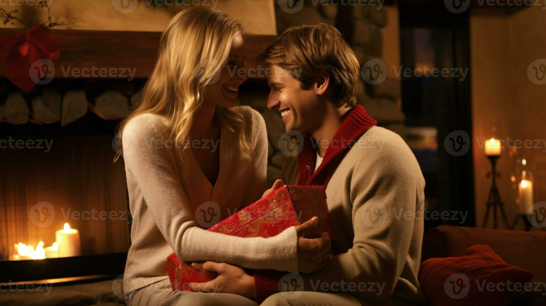 ai generative Couples of different ethnicity, gender and orientation, exchanging christmas gifts in warm decorated home photo