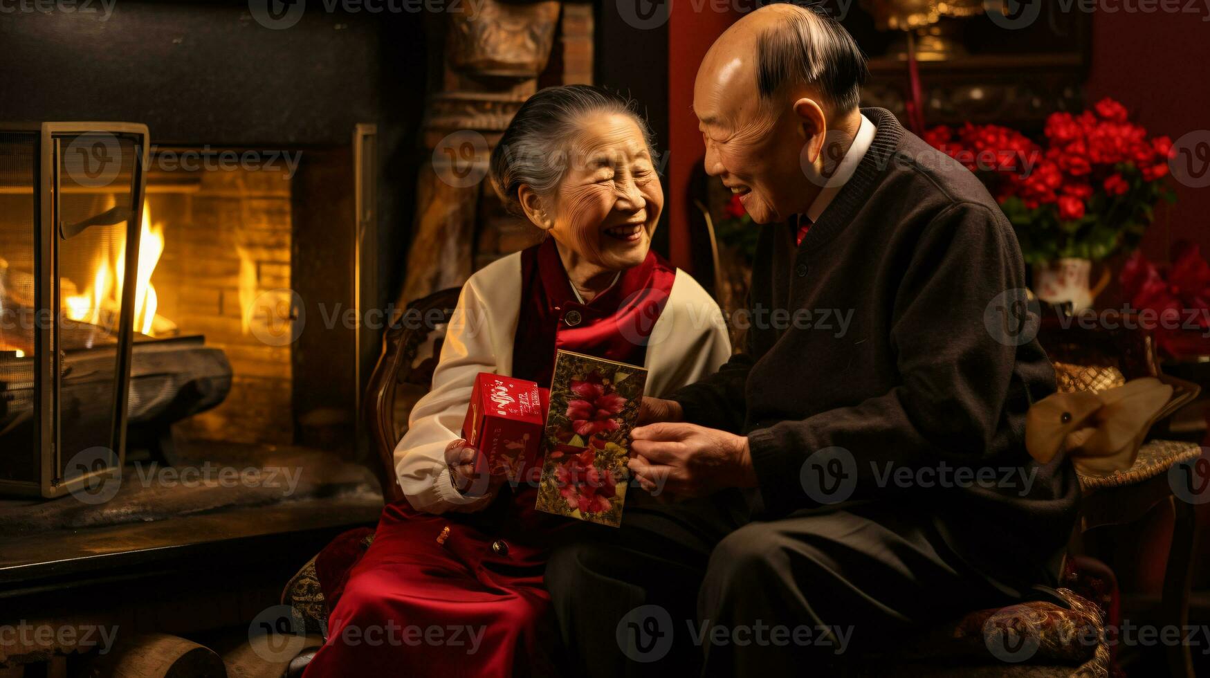 ai generativo parejas de diferente etnicidad, género y orientación, intercambiando Navidad regalos en calentar decorado hogar foto