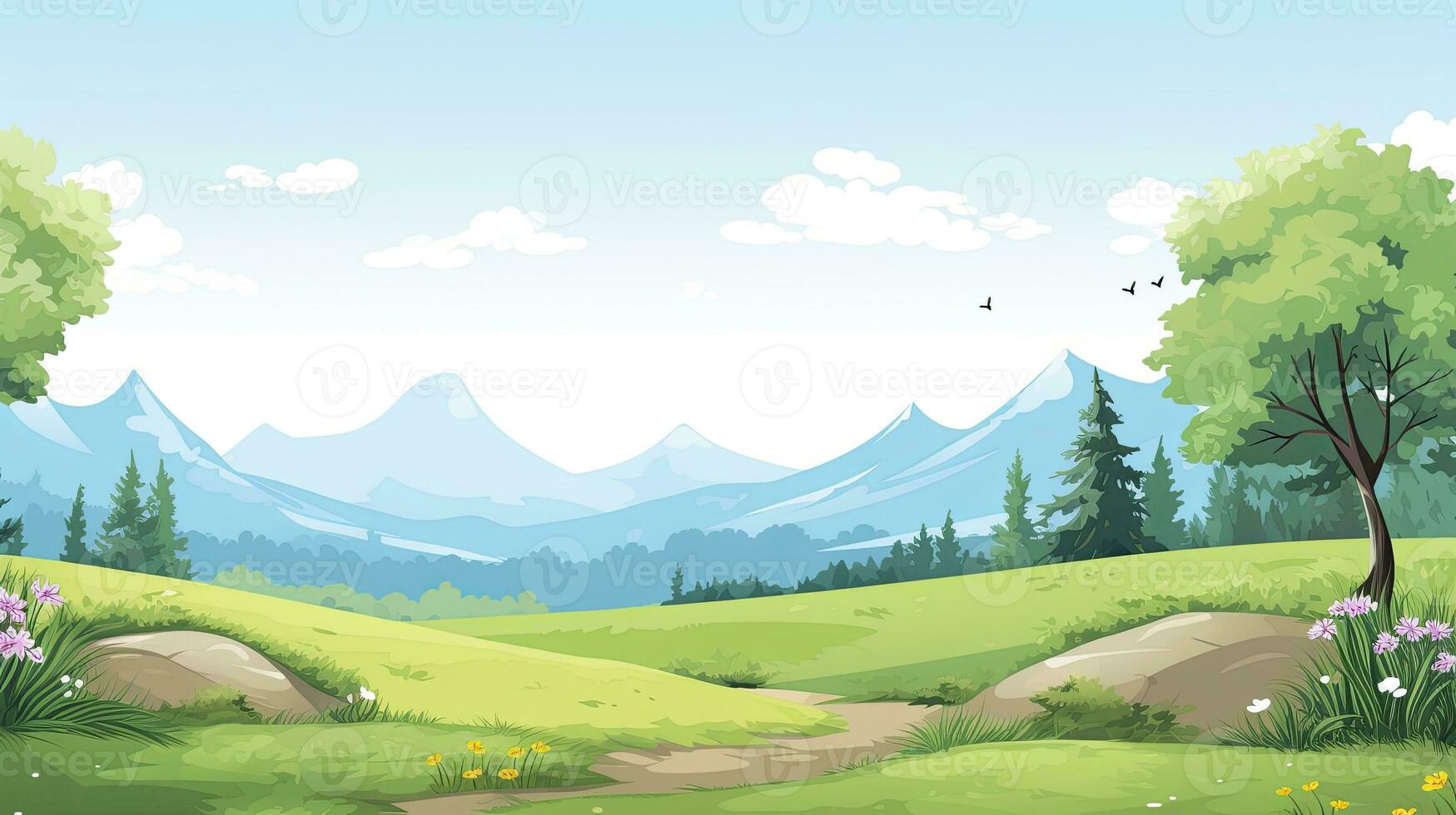 Cartoon nature scenery with mountain and blue sky background. AI Generated photo