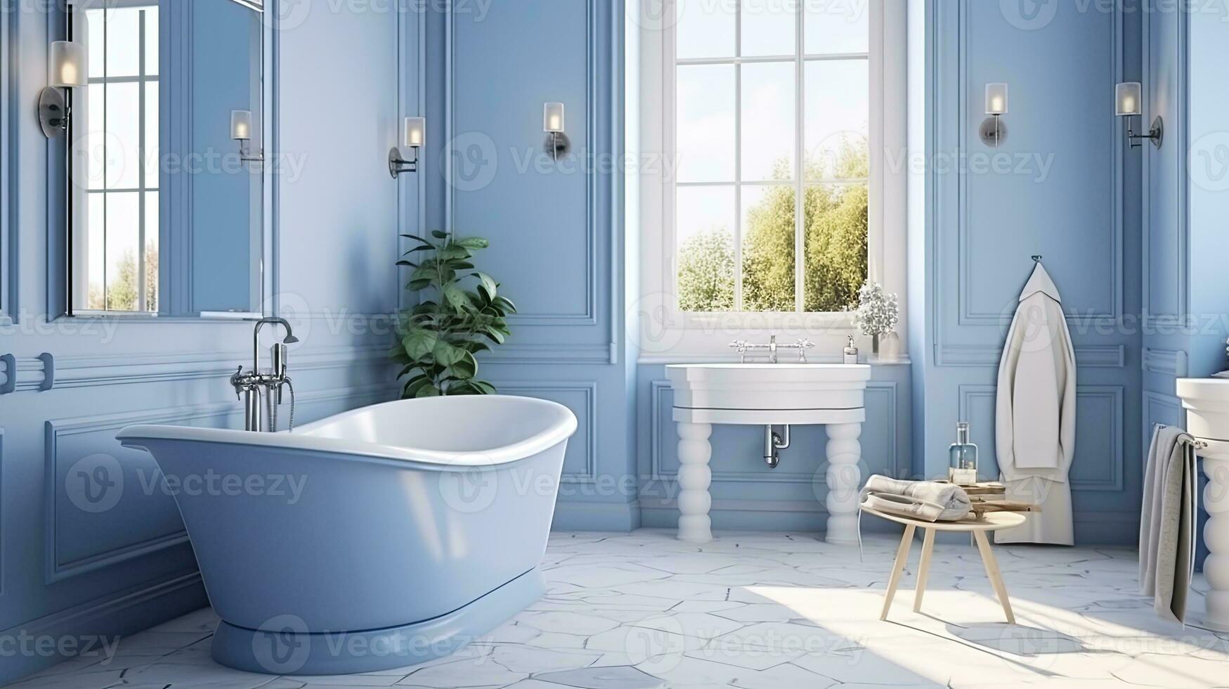 serenidad en blanco, bañera felicidad y natural adornos en baño decoración.  generativo ai 30761089 Foto de stock en Vecteezy