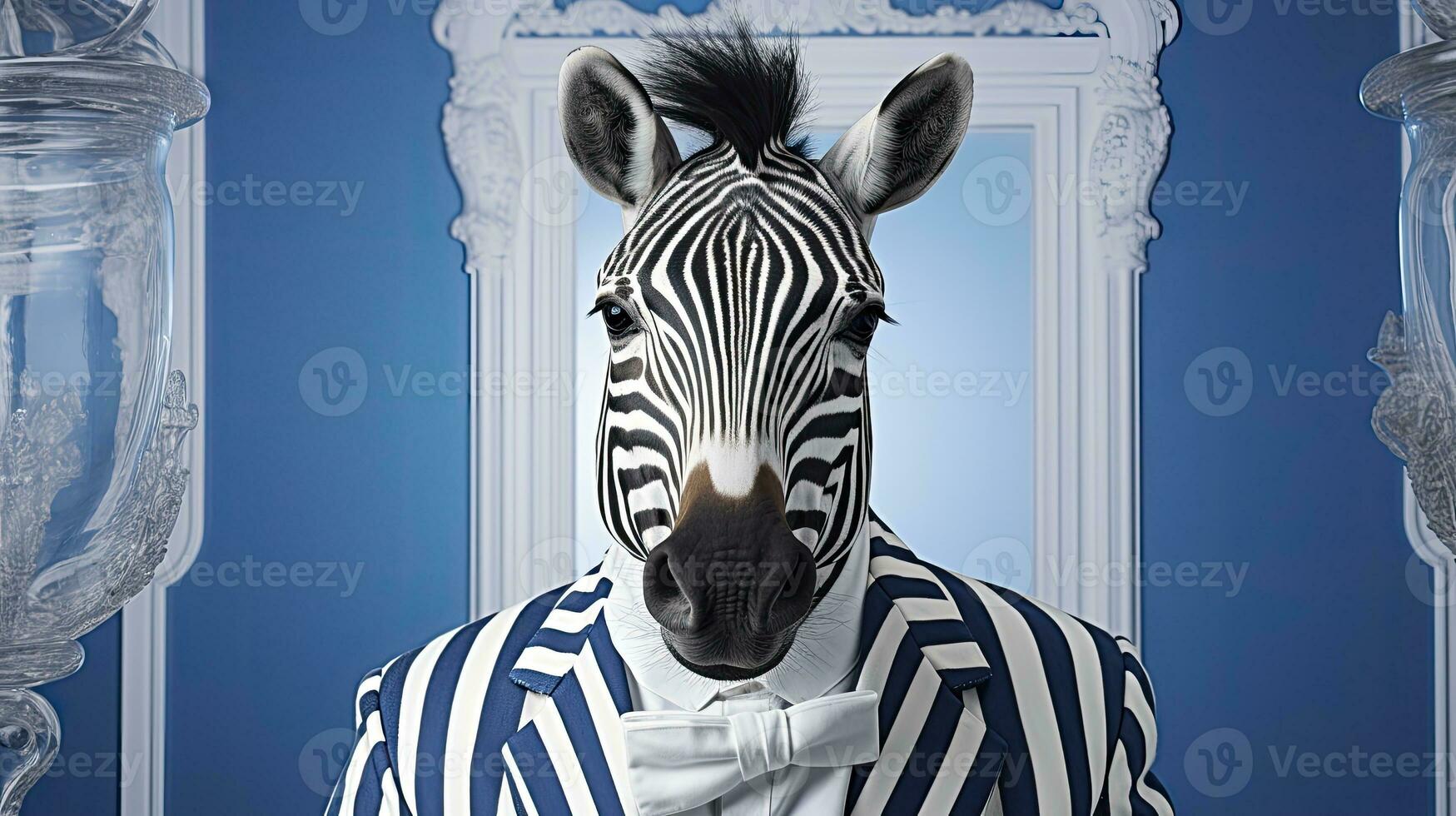 A Zebra wearing suit in Modern Home. AI Generated photo