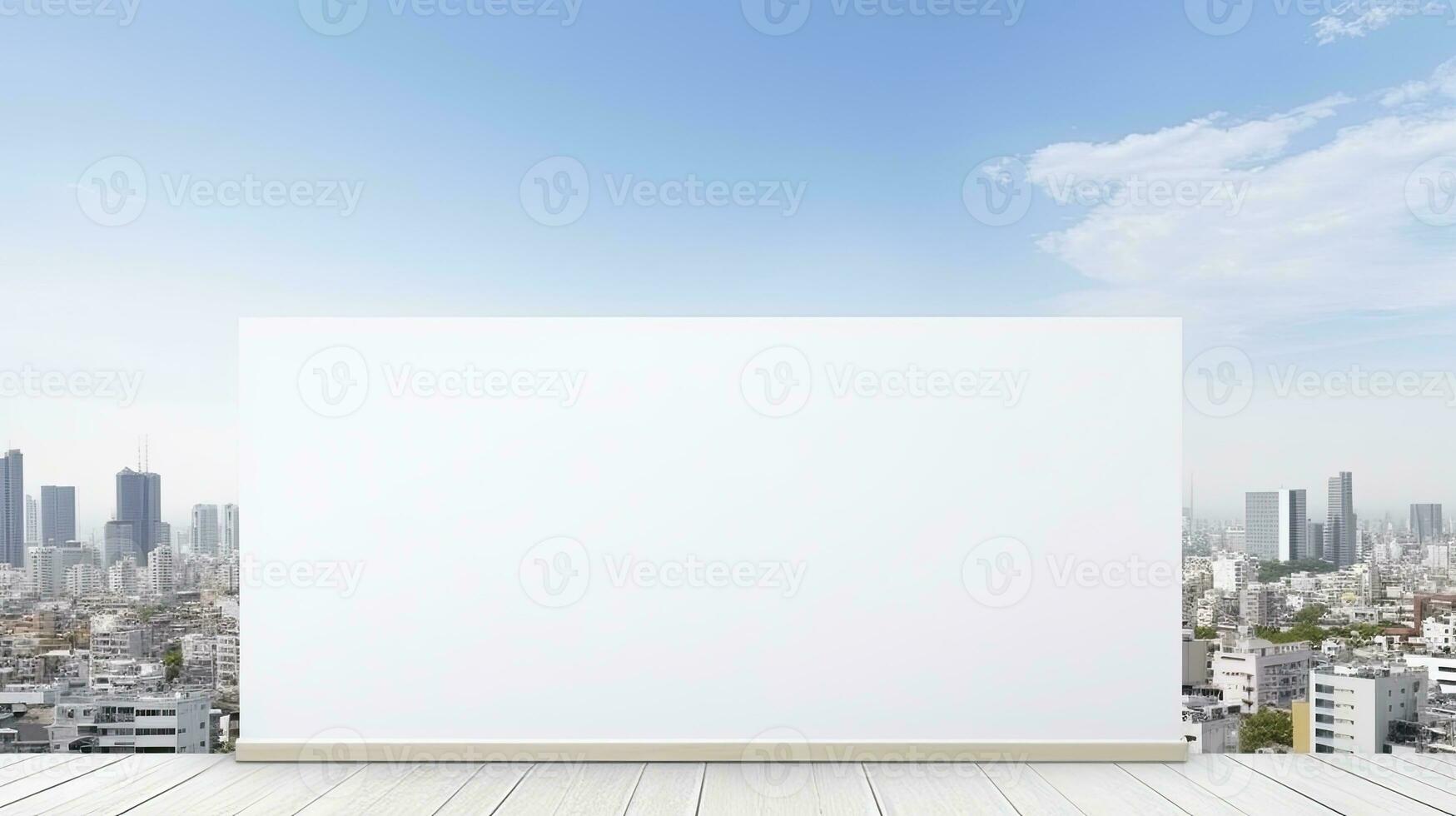 Panoramic Cityscape with Buildings and Blank Wooden Signboard. AI Generated photo