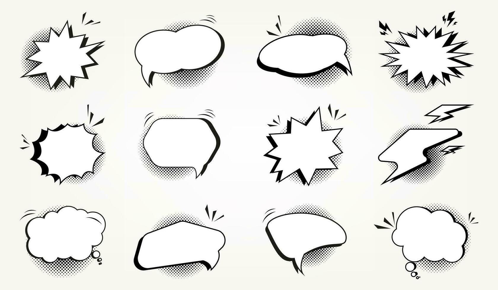 Set of retro empty bubble shapes and option elements set, with black halftone abstract on white background. Vector illustration, used in sale off promotion banners