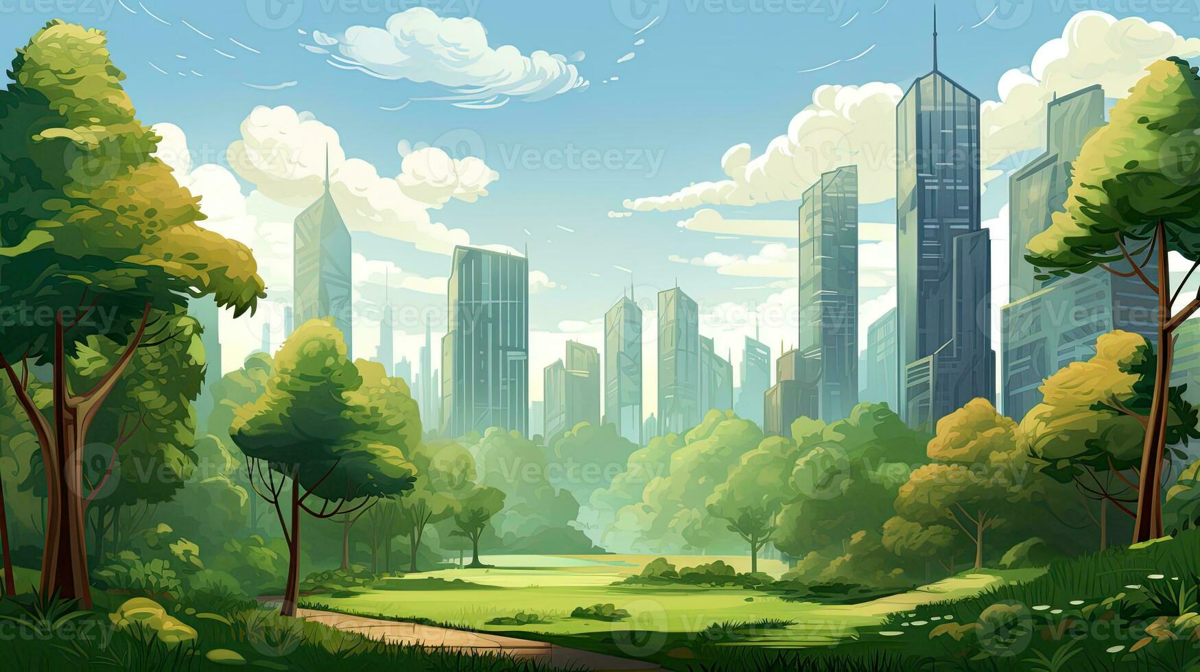 View from the green forest to the modern megapolis. Generative AI photo