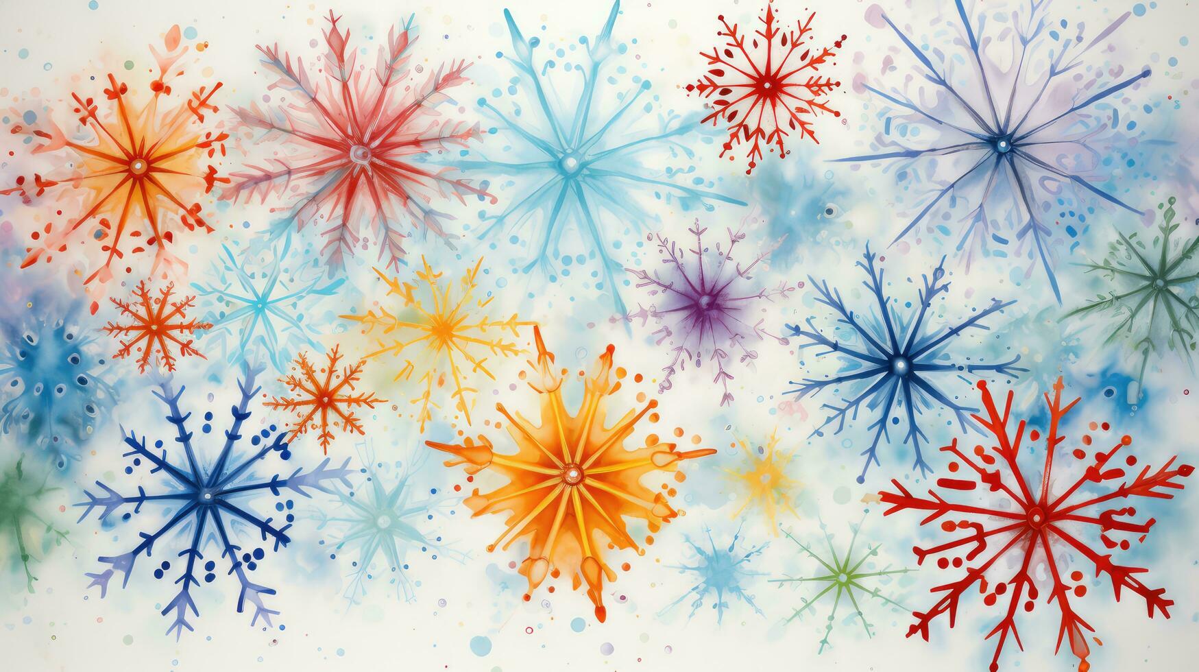 Watercolor painted winter colorful snowflakes abstract background. Generative AI photo