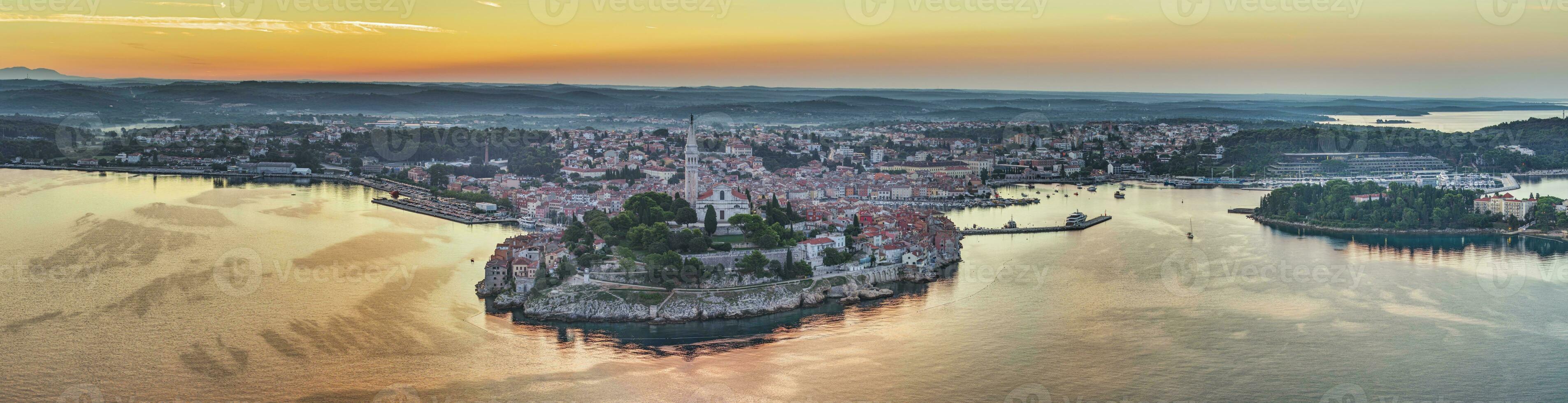 Drone image of the historic Croatian coastal town of Rovinj during sunrise photo