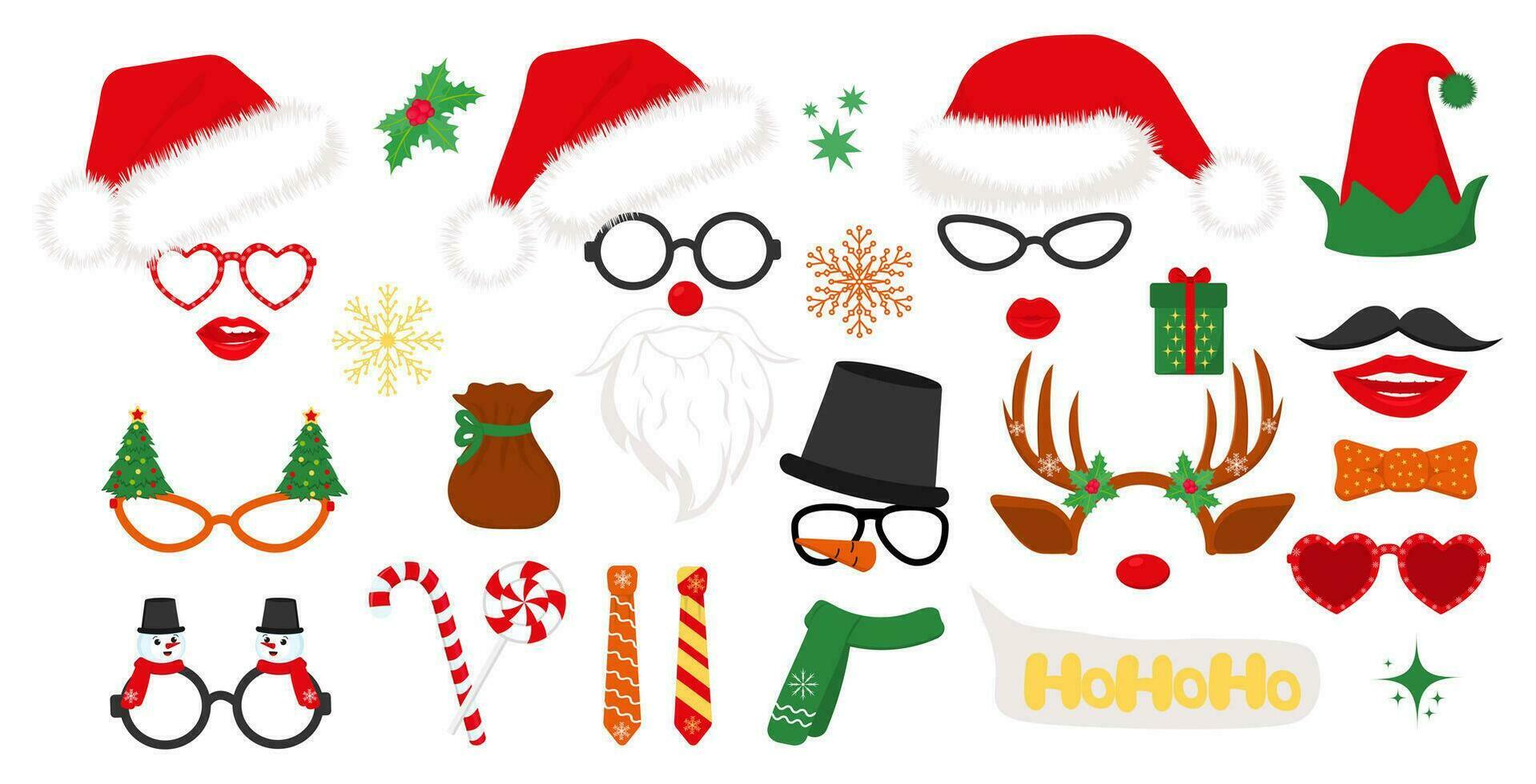 Papa Noel sombreros, duende y muñeco de nieve, reno cornamenta, lentes. conjunto de nuevo año imágenes prediseñadas accesorios para Navidad foto puesto. vector ilustración
