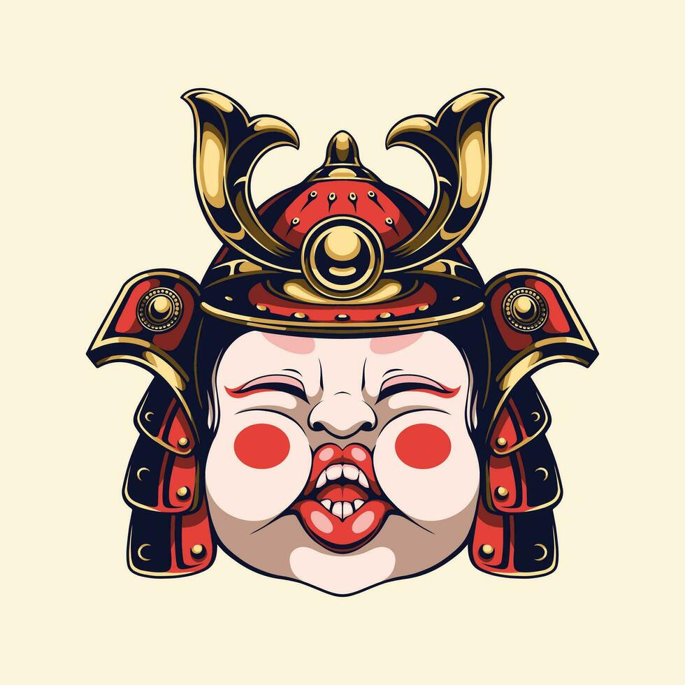 cartoon samurai helmet with red face vector