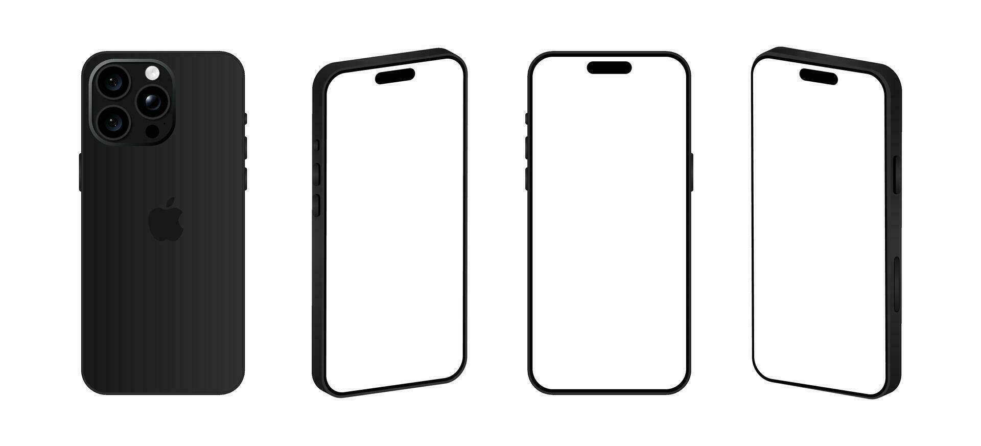 Iphone 15 Pro model. Black titanium color. Front view, back view and different view. Vector mockup. Vector illustration