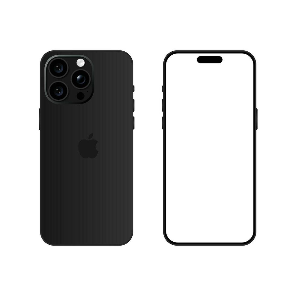 Iphone 15 Pro model. Black titanium color. Front view and back view. Vector mockup. Vector illustration