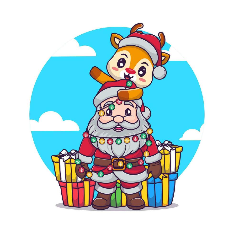 linda Papa Noel claus y ciervo para alegre Navidad y contento nuevo año. fiesta y nuevo año icono concepto blanco aislado vector