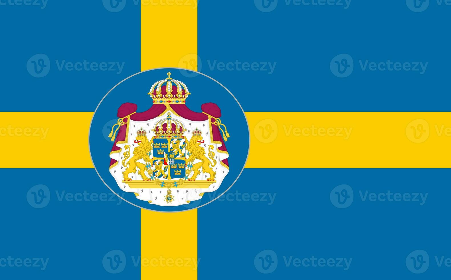 The official current flag and coat of arms of Kingdom of Sweden. State flag of Sweden. Illustration. photo